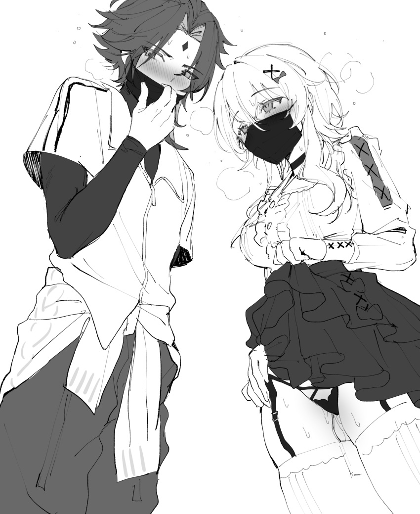 1boy 1girl alternate_costume blush breasts choker clothes_lift facial_mark forehead_mark garter_straps genshin_impact greyscale hair_between_eyes hair_ornament highres ia_(ias1010) large_breasts layered_skirt long_sleeves lumine_(genshin_impact) mask monochrome mouth_mask panties pants pussy_juice short_hair_with_long_locks simple_background sketch skirt skirt_lift sweat thighhighs underwear xiao_(genshin_impact)