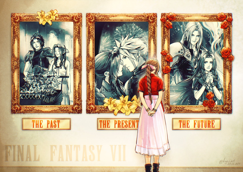 1girl 3boys aerith_gainsborough armor arms_behind_back art_gallery bangle black_coat black_hair boots bracelet braid braided_ponytail brown_footwear brown_hair cart chest_strap church closed_eyes cloud_strife coat crisis_core_final_fantasy_vii cropped_jacket dated dress english_text final_fantasy final_fantasy_vii final_fantasy_vii_rebirth final_fantasy_vii_remake fireworks flower grey_hair hair_ribbon hair_slicked_back highres jacket jewelry kay-i lifestream lily_(flower) long_dress multiple_boys own_hands_clasped own_hands_together parted_bangs parted_lips picture_frame pink_dress pink_ribbon red_flower red_jacket red_rose ribbon rose sephiroth short_sleeves shoulder_armor sidelocks single_bare_shoulder single_braid sleeveless sleeveless_turtleneck smile spiked_hair suspenders turtleneck twitter_username yellow_flower zack_fair