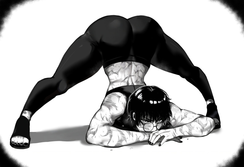 1girl absurdres arched_back arm_rest ass black_hair blush burn_scar full_body glasses greyscale hands_on_ground highres jack-o'_challenge jujutsu_kaisen meme monochrome muscular muscular_female pants ringed_eyes round_eyewear scar scar_on_arm scar_on_back scar_on_face scar_on_leg simple_background sports_bra spread_legs stretching too_many too_many_scars top-down_bottom-up white_background wide_spread_legs yoga_pants zen'in_maki zovokia