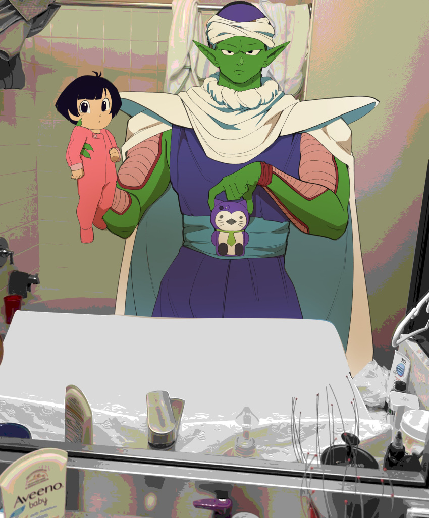 1boy 1girl absurdres armor baggy_pants bathroom bathtub black_eyes black_hair blue_sash bodysuit cape cellphone colored_skin commentary dragon_ball dragon_ball_z english_commentary faucet frown green_skin hand_up highres holding holding_phone how_to_hold_my_baby_redraw_(meme) indoors looking_at_viewer meme namekian nubi_mei pan_(dragon_ball) pants phone photo-referenced photo_background piccolo pink_bodysuit pointy_ears purple_pants sash selfie short_hair shoulder_armor smartphone soap_bottle squeeze_bottle white_cape