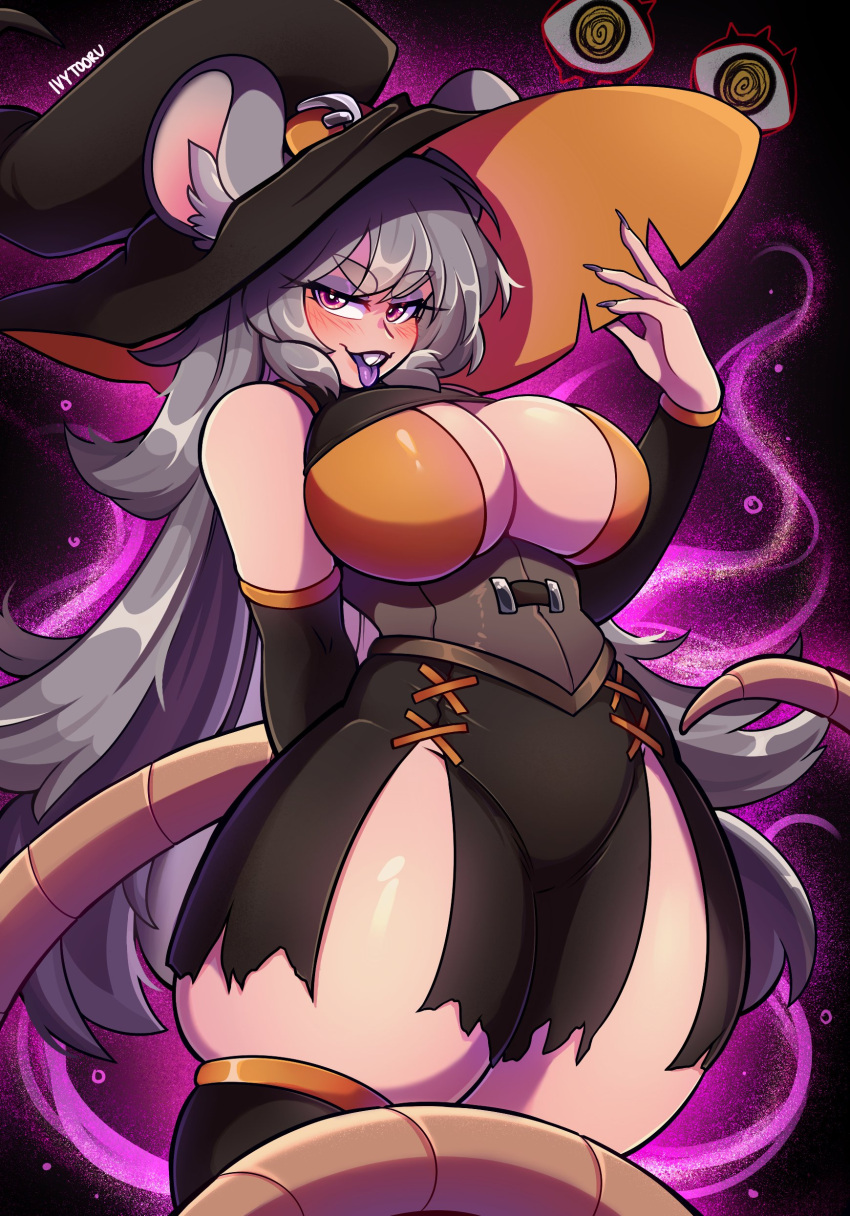absurd_res animal_humanoid armwear big_breasts black_background boo_the_rat bottomwear breasts buckteeth cleavage clothed clothing detached_sleeves female fingernails grey_hair hair hat headgear headwear hi_res humanoid inner_ear_fluff ivytooru legwear long_hair looking_at_viewer magic_user mammal mammal_humanoid murid murid_humanoid murine murine_humanoid nails purple_aura purple_tongue rat rat_humanoid rat_tail rodent rodent_humanoid simple_background skirt solo standing teeth thick_thighs thigh_gap thigh_highs tongue tongue_out tuft vtuber watermark witch witch_hat