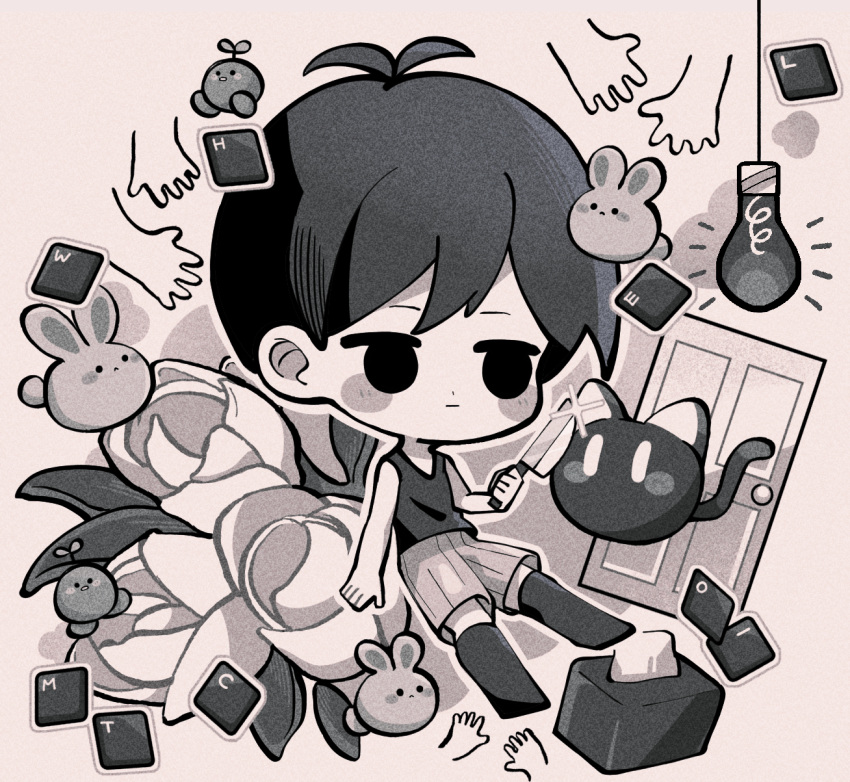 1boy animal antenna_hair arm_at_side black_cat black_eyes black_hair black_socks black_tank_top cat chibi chibi_only closed_mouth door expressionless flower full_body hair_between_eyes highres holding holding_knife knife kohinata_kanoo leaf light_bulb mewo monochrome omori omori_(omori) outline rabbit short_hair shorts socks solo sparkle sprout_mole striped_clothes striped_shorts tank_top tissue_box tulip vertical-striped_clothes vertical-striped_shorts