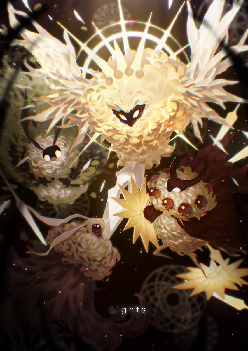 4others absurdres body_fur bozi_(labochushi) character_request chinese_commentary chromatic_aberration commentary fluffy glowing highres hollow_knight light_particles magic_circle multiple_others tagme wings