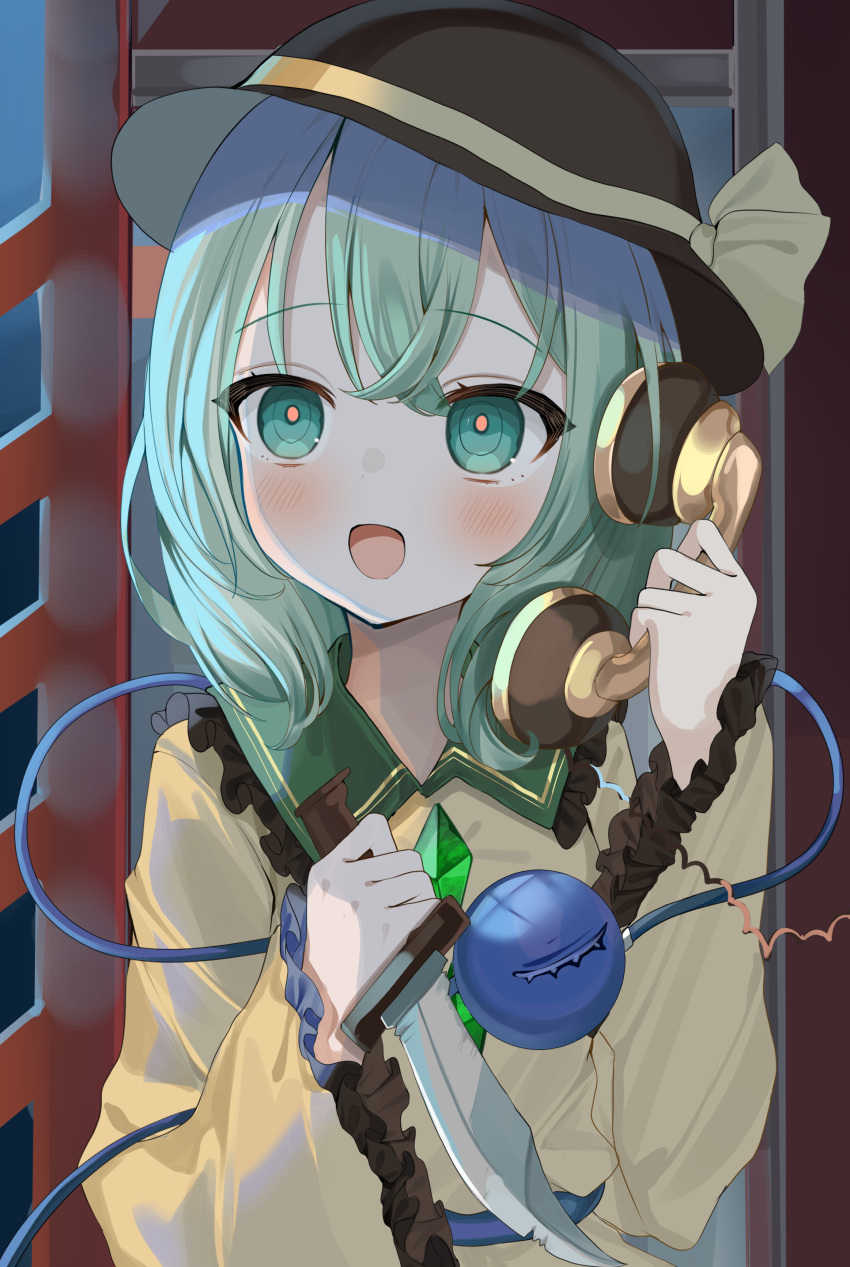 1girl absurdres black_headwear blush bow buttons commentary_request corded_phone diamond_button eyeball frilled_shirt_collar frilled_sleeves frills green_eyes green_hair hat hat_bow highres holding holding_knife holding_phone knife komeiji_koishi long_sleeves medium_hair okome2028 open_mouth phone shirt smile solo third_eye touhou wide_sleeves yellow_bow yellow_shirt