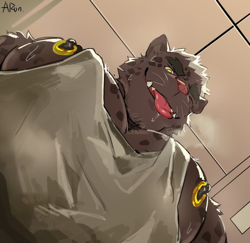 2024 absurd_res anthro artist_name arun_six big_pecs black_body black_fur bodily_fluids ceiling clothing felid fur grey_clothing grey_shirt grey_tank_top grey_topwear hair hi_res jaguar larger_anthro larger_male looking_at_viewer low-angle_view male mammal markings meme muscular muscular_anthro muscular_male nipple_piercing nipple_ring nipples open_mouth pantherine pecs piercing pink_nose ring_piercing saliva saliva_on_tongue shirt size_difference solo spots spotted_body spotted_fur sweat tank_top teeth tongue tongue_out topwear whiskers white_hair yellow_eyes