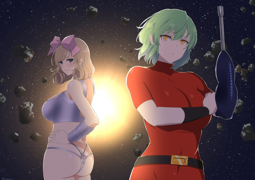 2girls alternate_costume arm_cannon ass asteroid belt blush bow breasts cleavage closed_mouth cobra_(space_adventure_cobra) covered_navel curly_hair gauntlets green_eyes green_hair hair_bow hair_tubes hand_on_own_hip haruka_(senran_kagura) highres hikage_(senran_kagura) holding holding_own_arm holding_weapon jane_royal large_breasts lemonrou looking_at_viewer looking_back medium_hair multiple_girls pink_bow psychogun senran_kagura senran_kagura_new_link silver_choker slit_pupils space space_adventure_cobra sun weapon yellow_eyes