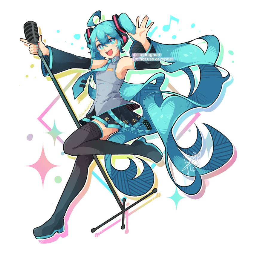 1girl ahoge black_footwear black_skirt black_sleeves blue_eyes blue_hair blue_thighhighs boots collared_shirt detached_sleeves full_body grey_shirt hatsune_miku highres holding holding_microphone long_hair looking_at_viewer microphone miku_day musical_note sandragh shirt signature skirt sleeveless sleeveless_shirt solo sparkle thigh_boots thighhighs twintails twitter_username vocaloid watermark waving white_background
