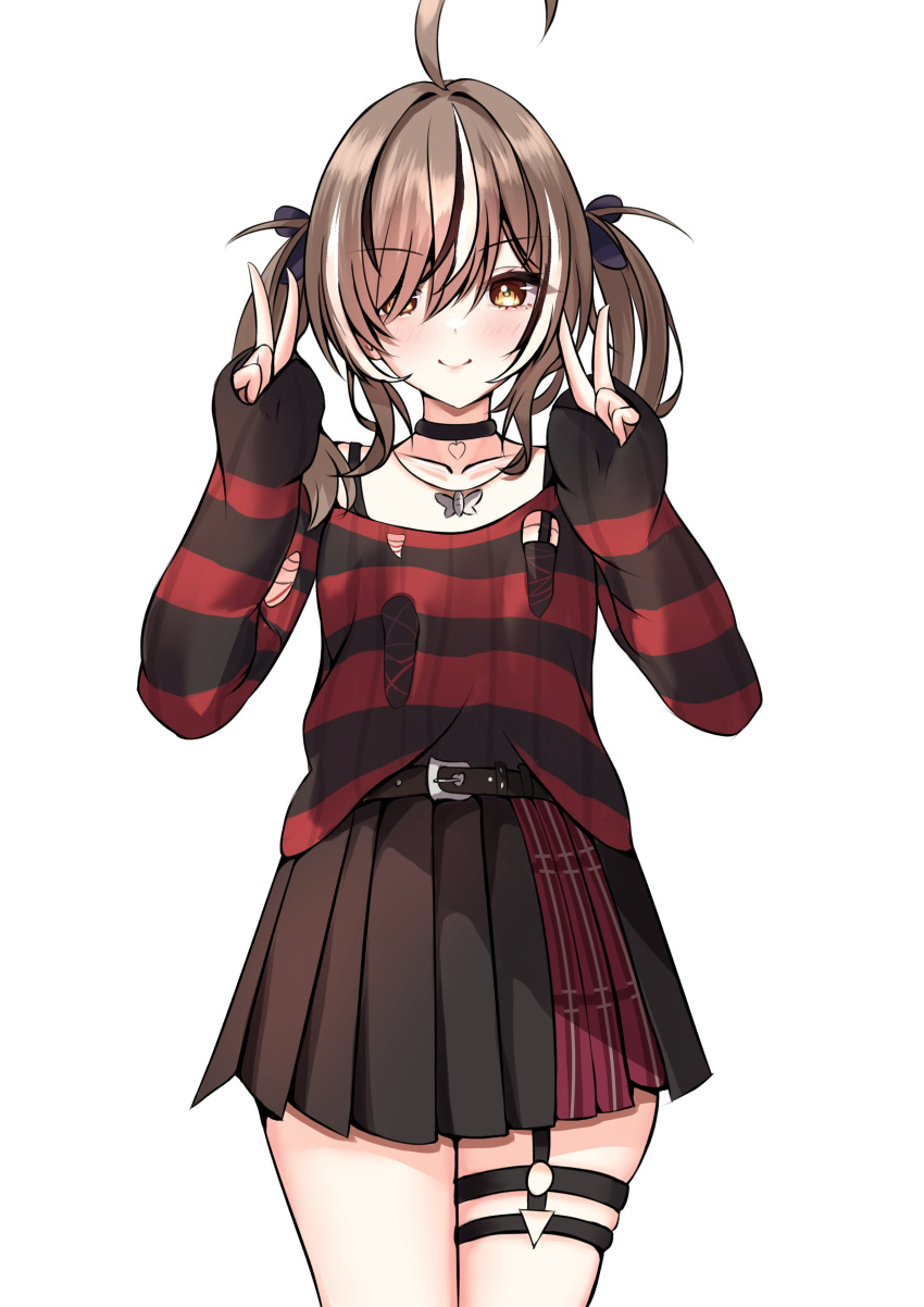 1girl absurdres ahoge belt black_choker black_skirt black_sweater brown_eyes brown_hair choker double_v emo_fashion hair_over_one_eye hair_ribbon heart heart_choker highres hololive hololive_english huge_ahoge looking_at_viewer multicolored_hair nanashi_mumei nanashi_mumei_(4th_costume) o-ring o-ring_thigh_strap official_alternate_costume panpanmc4 plaid plaid_skirt pleated_skirt red_skirt red_sweater ribbon skirt streaked_hair striped_clothes striped_sweater sweater sweater_partially_tucked_in thigh_strap torn_clothes torn_sweater twintails two-tone_sweater v virtual_youtuber