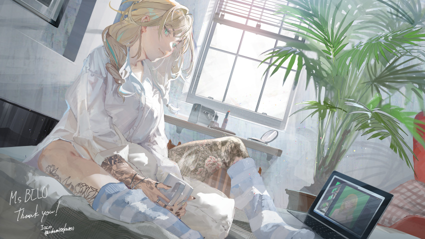 1girl absurdres arm_tattoo bed black_nails blonde_hair blue_hair blue_socks breasts character_request closed_mouth collared_shirt commission computer cup dutch_angle earrings green_eyes highres holding holding_cup indie_virtual_youtuber indoors jewelry laptop leg_tattoo long_hair long_sleeves looking_at_viewer morning mug multicolored_hair nail_polish on_bed phone pillow plant potted_plant shirt sitting skeb_commission socks solo streaked_hair striped_clothes striped_socks tattoo ubwmitekure virtual_youtuber white_shirt window window_blinds