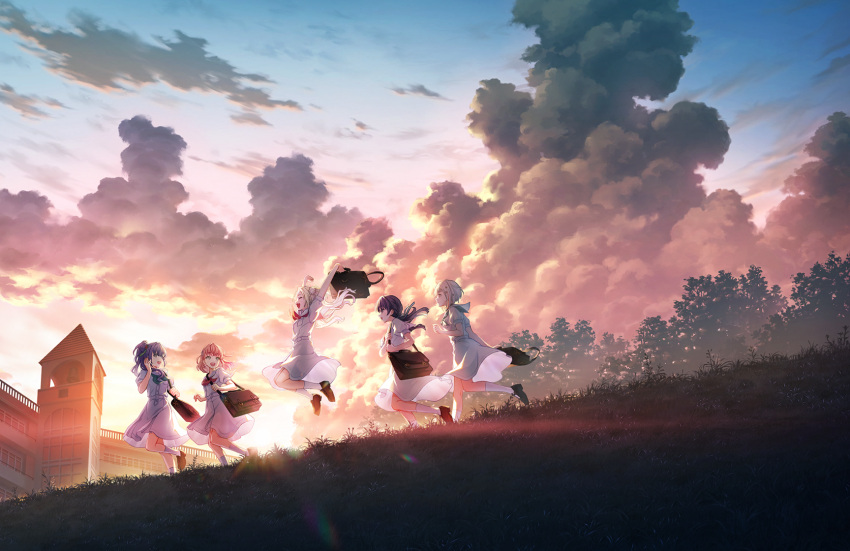 5girls ankle_socks aqua_neckerchief arms_up bag blonde_hair blue_eyes blue_hair blue_ribbon brown_footwear building choker closed_eyes closed_mouth cloud cloudy_sky dark_blue_hair dress from_side game_cg grass green_eyes hair_flowing_over hair_ornament hair_ribbon hasu_no_sora_school_uniform highres hinoshita_kaho holding holding_bag holding_strap jumping lens_flare link!_like!_love_live! loafers long_hair looking_at_another love_live! low_twintails medium_hair multicolored_hair multiple_girls murano_sayaka neckerchief official_art open_mouth orange_hair osawa_rurino otomune_kozue parted_bangs purple_hair red_eyes red_hair red_neckerchief ribbon running sailor_collar school_bag school_uniform shoes short_hair short_sleeves shoulder_bag side_ahoge side_ponytail sidelocks sky socks star_(symbol) star_hair_ornament streaked_hair summer_uniform sunset third-party_source tree twintails white_dress white_hair white_sailor_collar white_socks wide_shot yugiri_tsuzuri