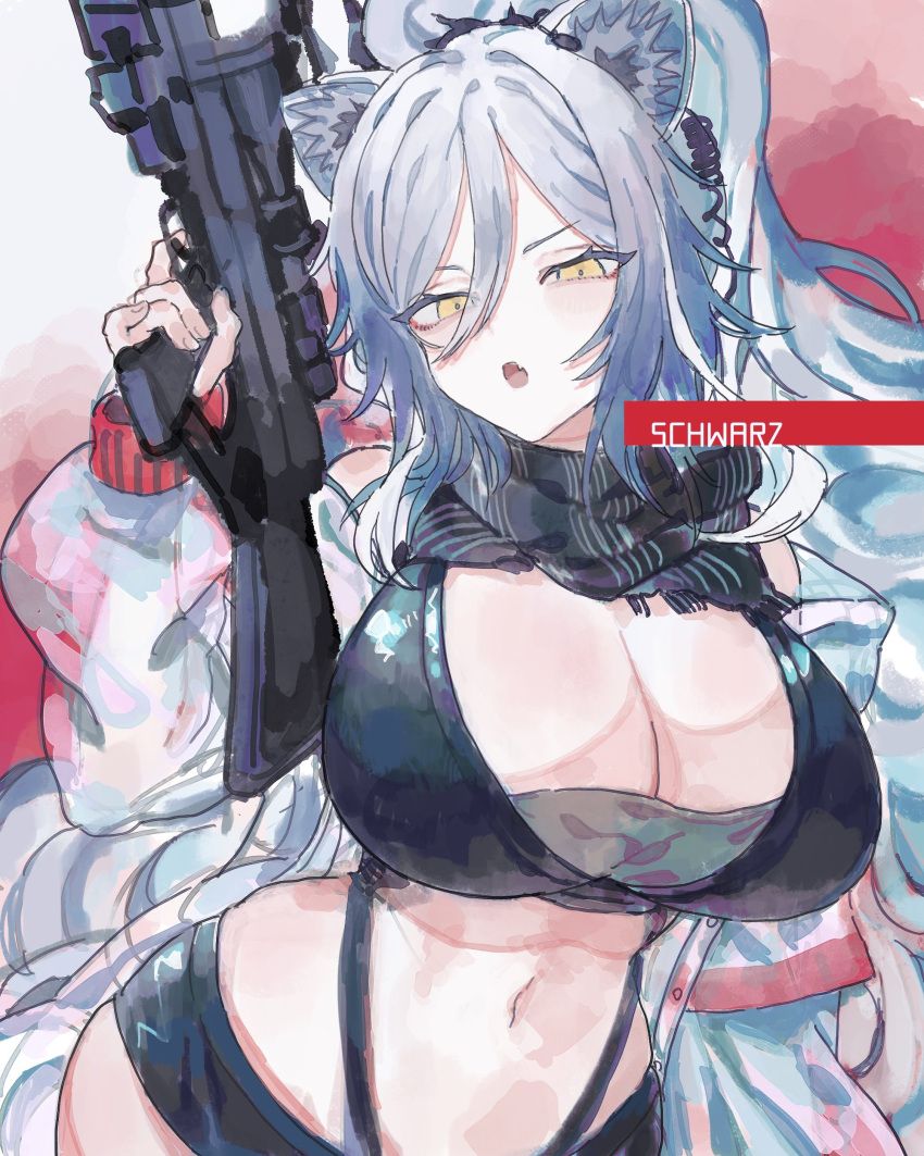 1girl :o absurdres animal_ear_fluff animal_ears arknights bikini black_bikini black_scarf breasts cat_ears cat_girl cleavage commentary crossbow grey_hair half-closed_eyes highres holding holding_crossbow holding_weapon huge_breasts jacket long_hair looking_at_viewer red_background rocb scarf schwarz_(arknights) solo swimsuit very_long_hair weapon white_jacket yellow_eyes