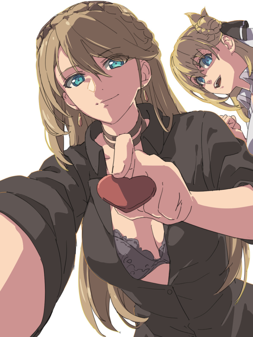 2girls agnes_claudel black_bra blonde_hair blue_eyes bra braid braided_bun candy chiharu_(9654784) chocolate choker crown_braid earrings eiyuu_densetsu elaine_auclair food from_below green_eyes hair_between_eyes hair_bun heart heart-shaped_chocolate highres holding holding_food jewelry kuro_no_kiseki long_hair looking_at_viewer multiple_girls open_mouth parted_bangs partially_unbuttoned pov shaded_face sidelocks simple_background single_hair_bun smile unbuttoned unbuttoned_shirt underwear white_background