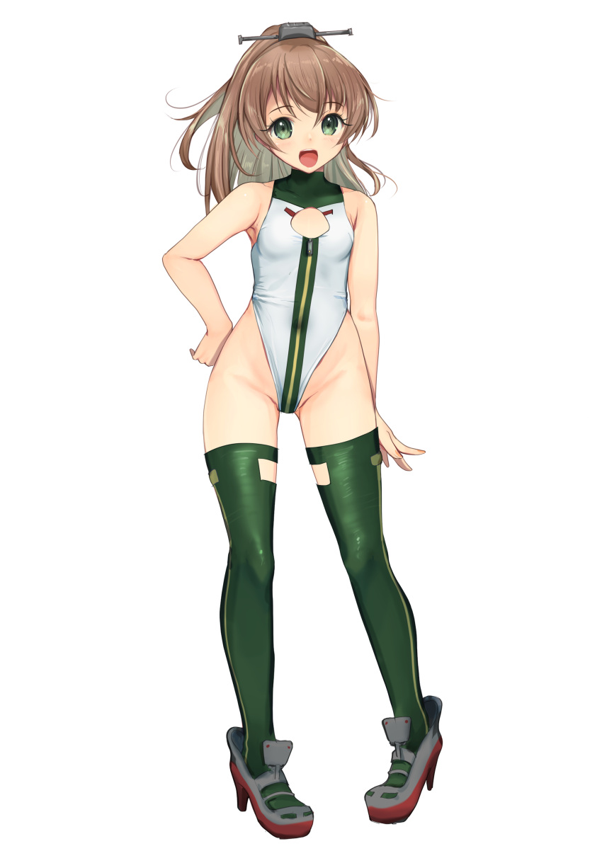 1girl absurdres adapted_costume alice_gear_aegis breasts brown_hair circle_cutout cleavage_cutout clothing_cutout companion/af covered_collarbone front_zipper full-length_zipper full_body green_eyes green_thighhighs hair_ornament high_heels highleg highleg_leotard highres kantai_collection kumano_(kancolle) leotard long_hair race_queen simple_background sleeveless_turtleneck_leotard small_breasts smile solo thighhighs turtleneck_leotard two-tone_leotard white_background white_leotard yashin_(yasinz) zipper zipper_leotard zipper_pull_tab