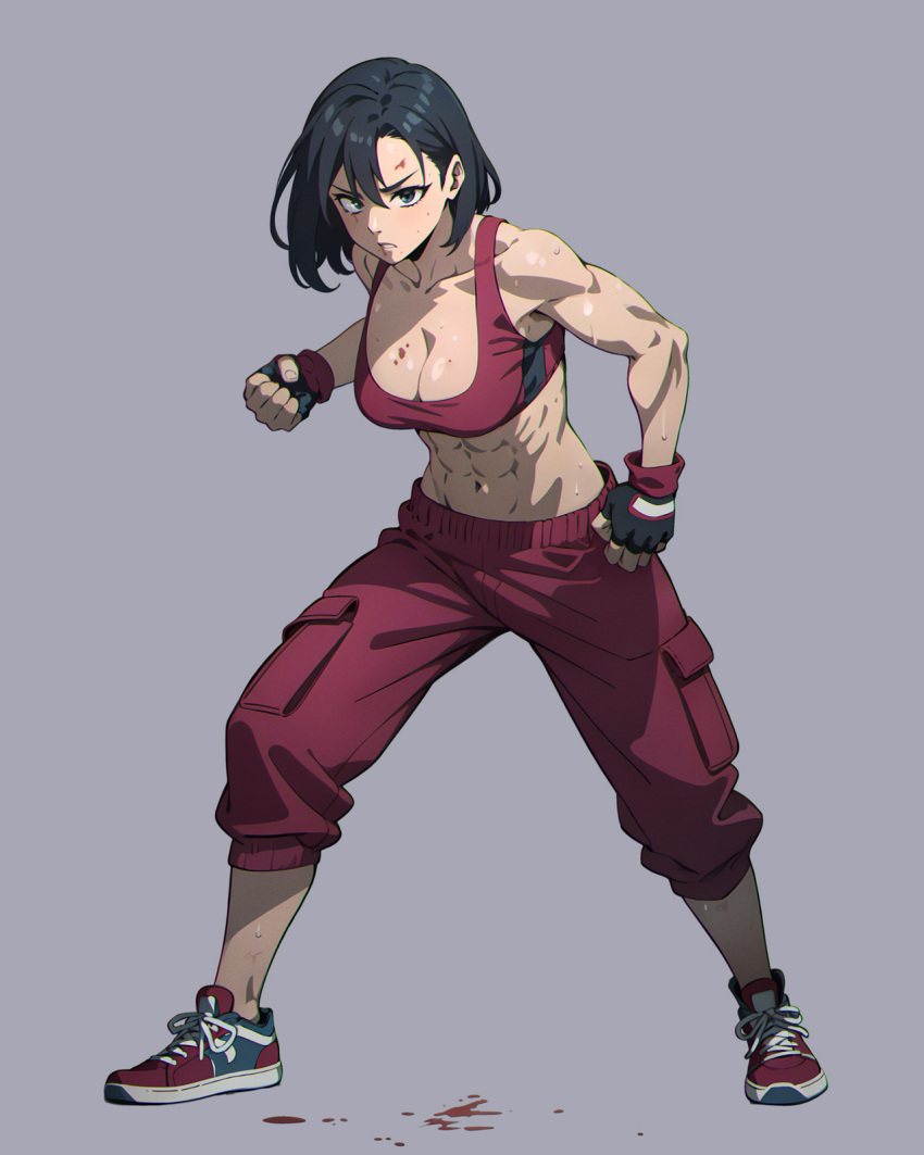 1girl abs bare_shoulders biceps black_gloves black_hair blood blood_on_face blood_on_ground blood_splatter blue_eyes blue_footwear breasts cleavage clenched_hands collarbone fighting_stance fingerless_gloves fingernails gloves grey_background highres long_eyelashes looking_at_viewer medium_breasts messy_hair muscular muscular_female original pants pocket rebeca_mendes red_footwear red_gloves red_shorts red_sports_bra ribs shiny_skin shoes short_hair shorts sneakers sports_bra sweat sweatdrop sweatpants xenocracy