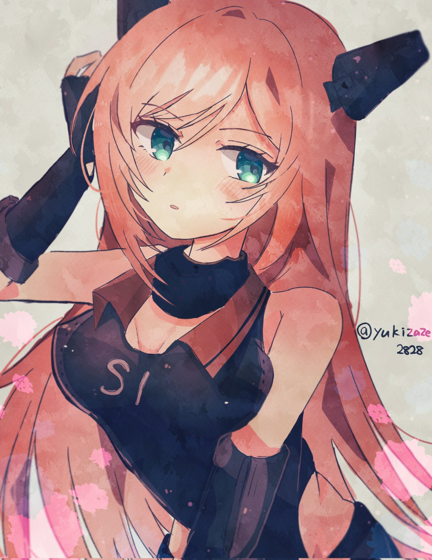 1girl black_gloves black_one-piece_swimsuit blush breasts corrupted_twitter_file fingerless_gloves gloves green_eyes grey_background hair_between_eyes headgear highres kantai_collection long_hair medium_breasts one-hour_drawing_challenge one-piece_swimsuit orange_hair parted_lips salmon_(kancolle) solo swimsuit twitter_username upper_body very_long_hair yukikaze2828