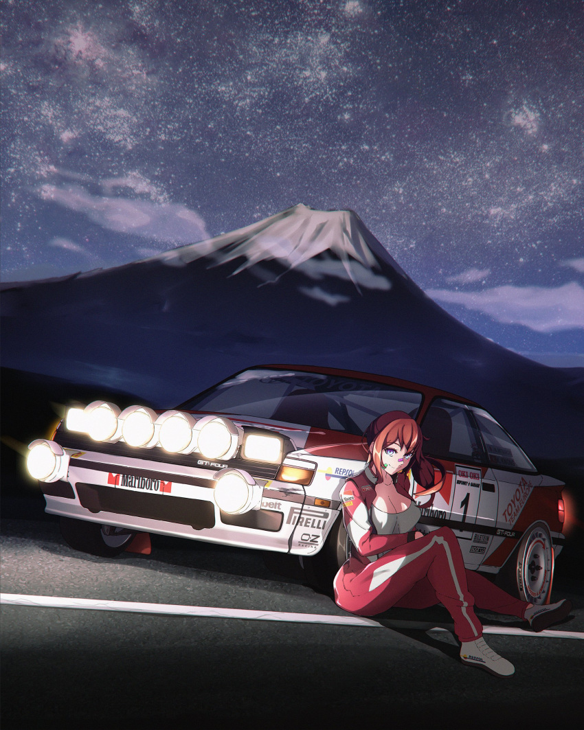 1girl absurdres bandaid bandaid_on_face bandaid_on_nose blue_eyes breasts brown_hair car cleavage funkygarage grey_shirt hair_behind_ear highres jacket kaho_(funkygarage) marlboro medium_breasts motor_vehicle mount_fuji original outdoors pants pirelli race_vehicle racecar rally_car red_jacket red_pants shirt sitting smile solo sponsor toyota toyota_celica toyota_celica_t160 vehicle_focus world_rally_championship