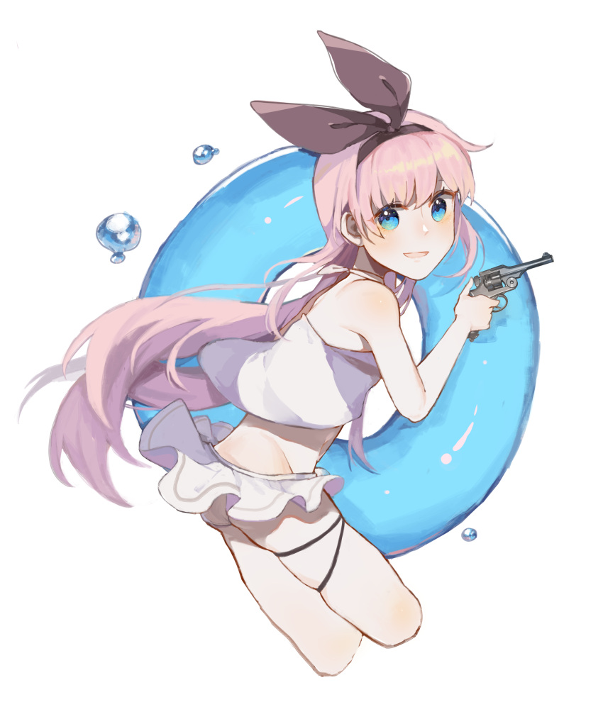 1girl :d absurdres bikini bikini_skirt blue_eyes cropped_legs frilled_skirt frills gun headband highres holding holding_gun holding_weapon innertube juine long_hair pink_hair revolver simple_background skirt smile solo swim_ring swimsuit tareme very_long_hair warship_girls_r weapon white_background white_bikini z17_diether_von_roeder_(warship_girls_r)