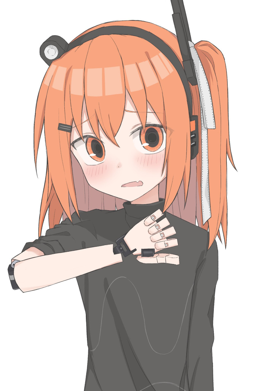 1girl a.i._voice adachi_rei android anmitsu_kina black_shirt blush commentary embarrassed fang hair_ornament hair_ribbon hand_up headlamp headphones highres joints lens_eye looking_at_viewer medium_hair one_side_up open_mouth orange_eyes orange_hair radio_antenna ribbon robot_joints shirt simple_background skin_fang sleeves_pushed_up solo text_in_eyes turtleneck upper_body utau white_background white_ribbon