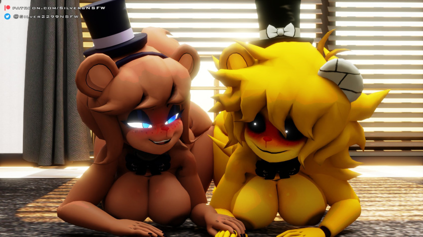 animatronic anthro bear big_breasts blinds blonde_hair blue_eyes blush bow_tie breasts brown_hair clothing curtains duo female female/female five_nights_at_freddy's freddy_(fnaf) fredina's_nightclub fredina_(cally3d) ghost glowing glowing_eyes golden_freddy_(fnaf) golden_fredina_(cally3d) hair hat headgear headwear hi_res machine mammal robot scottgames silver2299 spirit top_hat