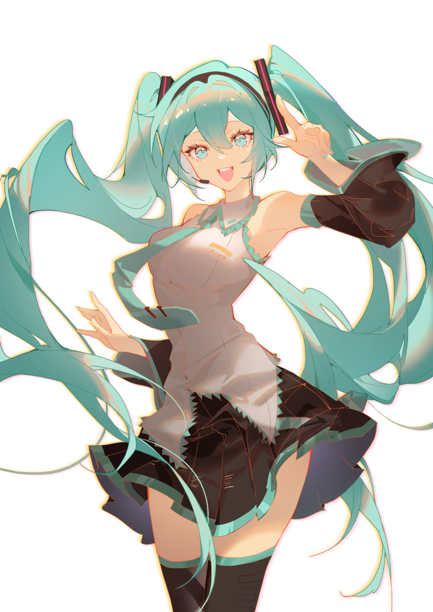 1girl :d absurdres black_skirt black_thighhighs blue_eyes blue_hair blue_nails blue_necktie breasts collared_shirt cowboy_shot floating_hair frilled_shirt frills hair_between_eyes hand_up hatsune_miku highres indai_(3330425) large_breasts legs_together looking_at_viewer microphone miniskirt nail_polish necktie open_mouth pleated_skirt shirt simple_background skirt sleeveless sleeveless_shirt smile solo teeth thighhighs thighs tie_clip upper_teeth_only vocaloid white_background white_shirt zettai_ryouiki