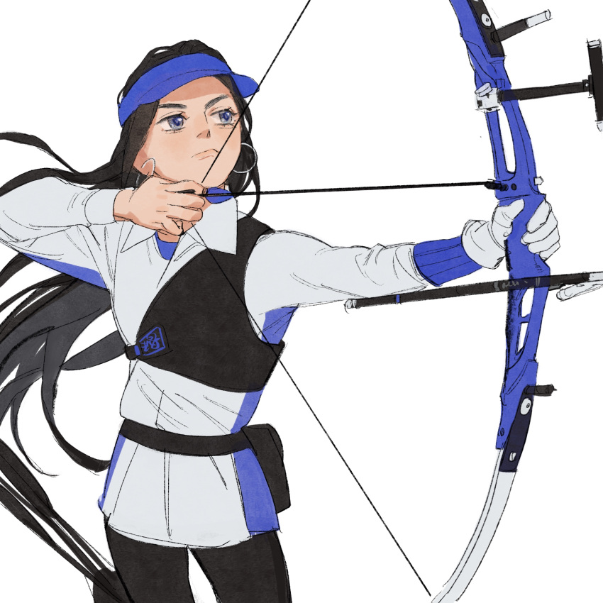 1girl archery arrow_(projectile) asirpa black_hair black_pants blue_eyes blue_headwear bow_(weapon) chengongzi123 chest_guard closed_mouth commentary cowboy_shot drawing_bow earrings gloves golden_kamuy grey_jacket hands_up highres holding holding_bow_(weapon) holding_weapon hoop_earrings jacket jewelry long_hair long_sleeves olympics pants playing_sports simple_background single_glove standing symbol-only_commentary very_long_hair visor_cap weapon white_background