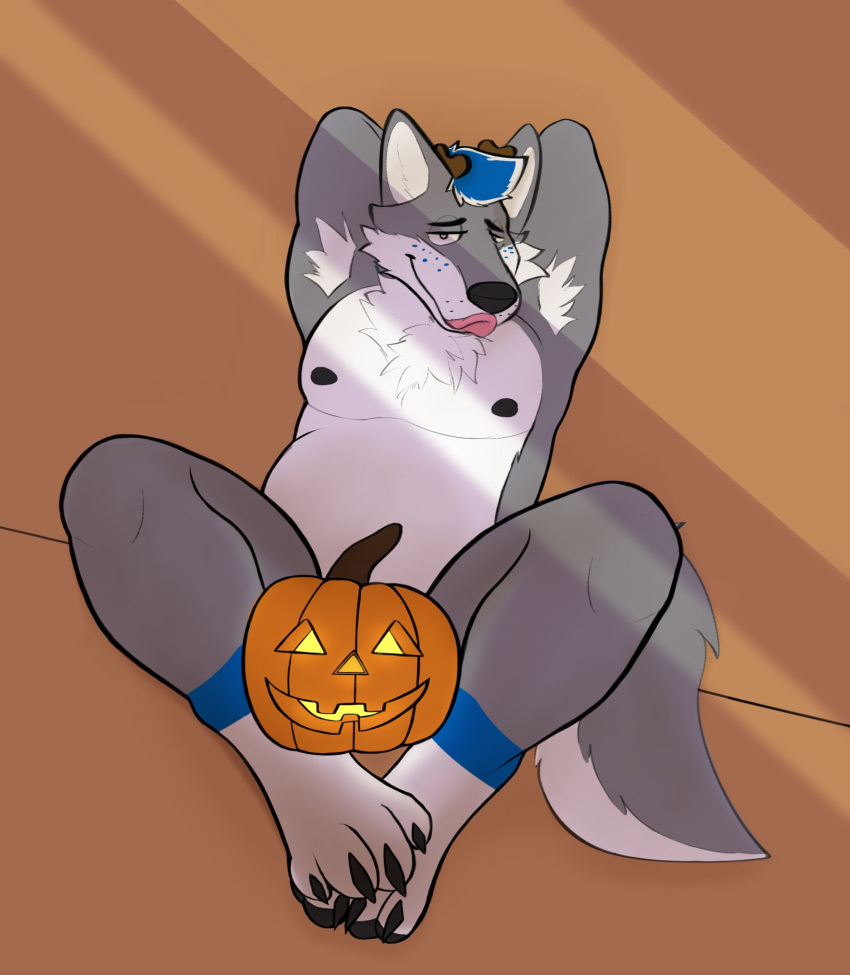 anthro antlers armpit_hair belly body_hair canid canine canis chromawolf claws freckles halloween hi_res holidays horn hybrid jack-o'-lantern lightly_chubby male mammal nipples overweight pecs solo tongue tongue_out wolf
