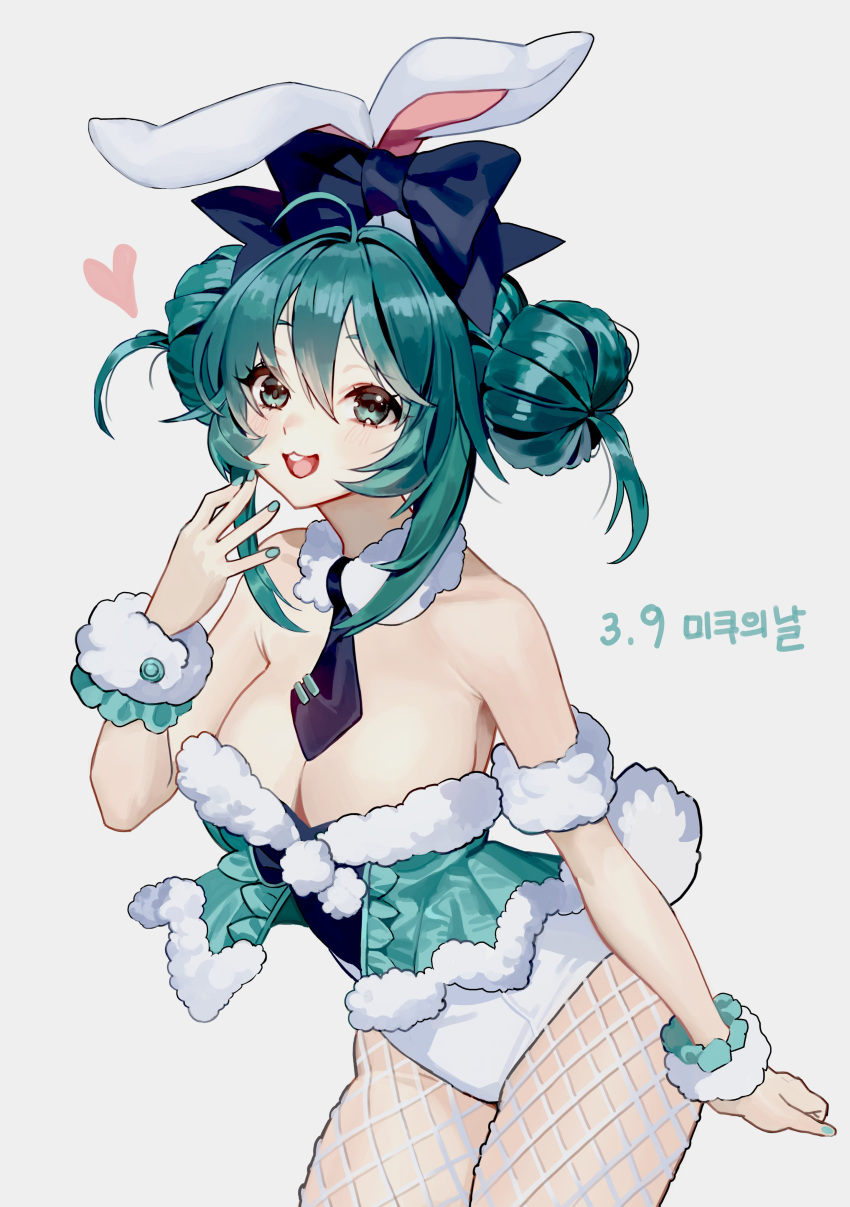 1girl :d absurdres ahoge animal_ears aqua_eyes aqua_hair bicute_bunnies_miku black_necktie blue_nails blush breasts cleavage cowboy_shot cropped_shirt dated double_bun fake_animal_ears fake_tail fishnet_pantyhose fishnets fur-trimmed_shirt fur_collar fur_trim hair_between_eyes hair_bun hand_to_own_mouth hatsune_miku heart highleg highleg_leotard highres inman_sasa large_breasts leaning_forward legs_together leotard long_hair miku_day nail_polish necktie open_mouth pantyhose playboy_bunny rabbit_ears rabbit_tail shirt short_hair_with_long_locks sidelocks simple_background smile solo tail teeth thighs tie_clip upper_teeth_only vocaloid white_background white_leotard white_pantyhose wrist_cuffs