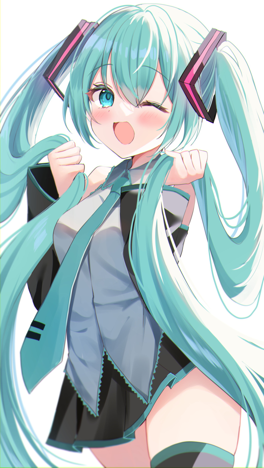 1girl :d aqua_eyes aqua_hair aqua_necktie black_skirt black_thighhighs blush collared_shirt commentary_request detached_sleeves grabbing_own_hair grey_shirt hair_ornament hamico hatsune_miku highres long_hair long_sleeves looking_at_viewer miku_day necktie open_mouth shirt simple_background skirt smile solo standing thighhighs thighs twintails very_long_hair vocaloid white_background