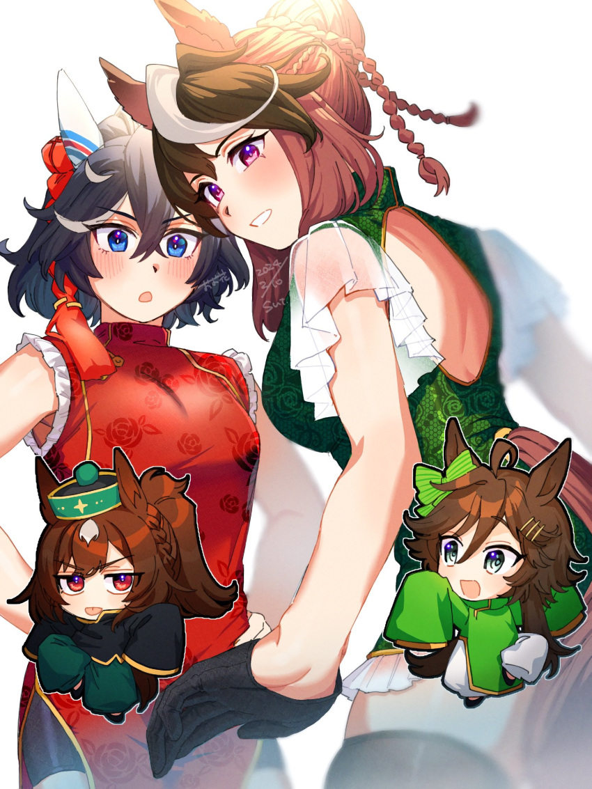 4girls :o ahoge alternate_costume animal_ears artist_name back_cutout bike_shorts black_hair black_shirt black_shorts black_thighhighs blue_eyes blush braid breasts brown_hair chibi china_dress chinese_clothes clothing_cutout crossed_bangs dated dress ear_covers green_dress green_pants green_shirt hair_bun hair_ornament hairclip hands_on_own_hips hat highres horse_ears horse_girl horse_tail jiangshi_costume katsuragi_ace_(umamusume) looking_at_viewer mr._c.b._(umamusume) multicolored_hair multiple_girls omotil open_mouth pants ponytail purple_eyes qingdai_guanmao red_dress red_eyes shirt short_hair short_sleeves shorts sirius_symboli_(umamusume) sleeveless sleeveless_dress small_breasts standing standing_on_one_leg streaked_hair symboli_rudolf_(umamusume) tail tail_through_clothes thighhighs tongue tongue_out umamusume watermark