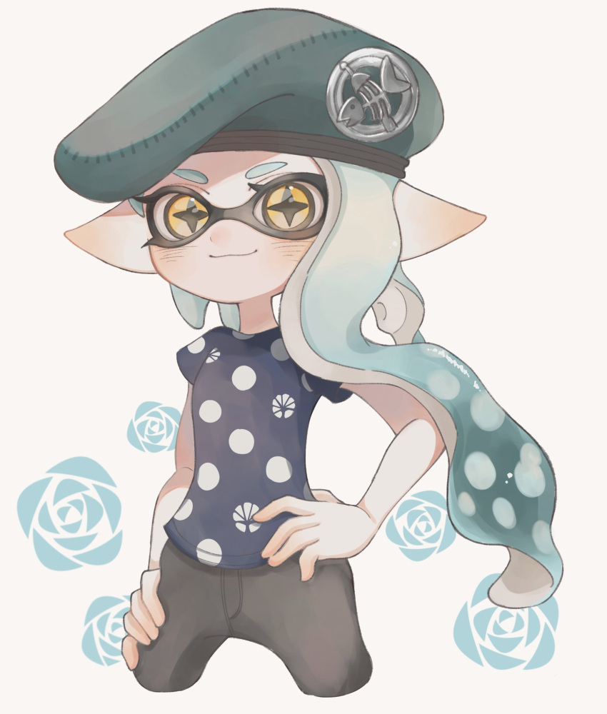 1girl aqua_headwear beret black_pants blue_hair blue_shirt closed_mouth cropped_legs hand_on_own_hip hat highres inkling inkling_girl inkling_player_character lemo_(lemo_4) long_hair looking_at_viewer pants pointy_ears print_shirt shirt simple_background smile solo splatoon_(series) star-shaped_pupils star_(symbol) symbol-shaped_pupils tentacle_hair white_background yellow_eyes