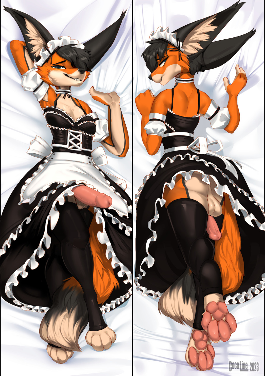 absurd_res anthro balls butt canid canine clothed clothing cocoline_(artist) colored dakimakura_design digital_drawing_(artwork) digital_media_(artwork) erection fox fur genitals hi_res looking_at_viewer lying male mammal on_back penis shaded signature simple_background smile solo soundfox tail