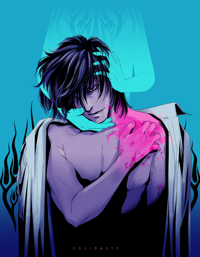 1boy 1other alucard_(hellsing) artist_name black_hair blood blood_on_body blood_on_face blood_on_hands blue_background commentary_request fang gradient_background head_tilt hellsing highres male_focus nude purple_eyes shirt_on_shoulders toshimichi_yukari upper_body