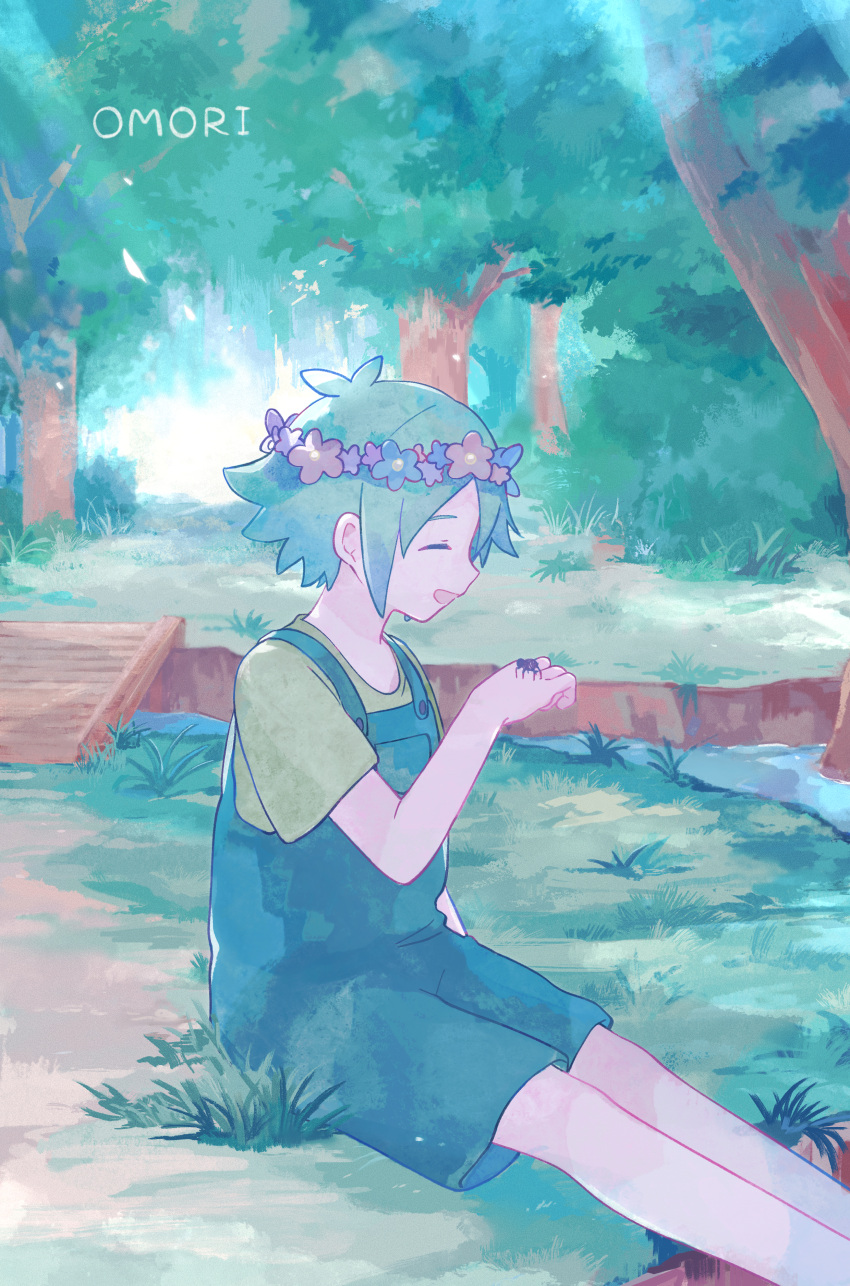 1boy absurdres antenna_hair aqua_hair aqua_overalls arm_at_side basil_(headspace)_(omori) basil_(omori) blue_flower bug closed_eyes copyright_name feet_out_of_frame flower grass green_shirt head_wreath highres light_rays omori on_grass open_mouth outdoors overall_shorts overalls purple_flower shirt short_hair short_sleeves sitting smile solo spider toukashi_(2tou9) tree