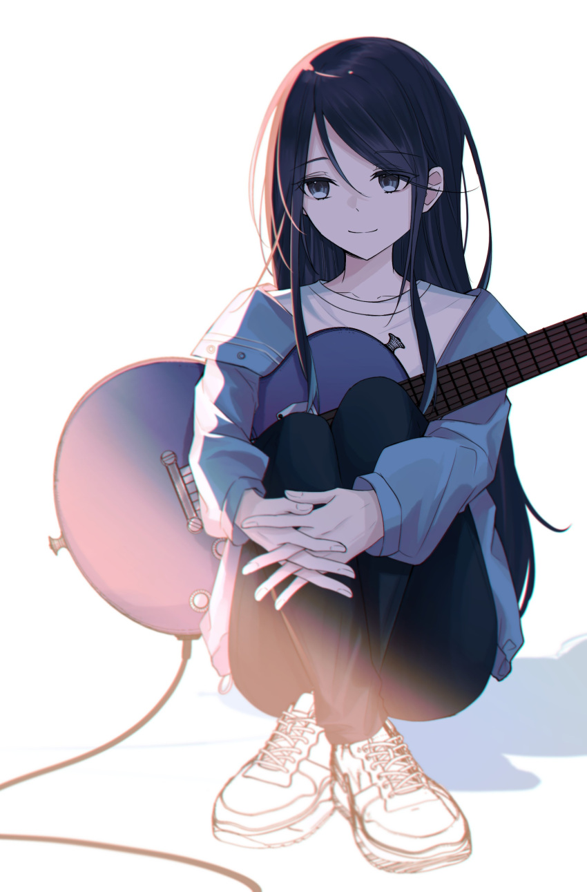 1girl absurdres black_eyes black_hair black_pants blue_jacket closed_mouth collarbone crossed_ankles full_body guitar hair_between_eyes highres holding holding_instrument hoshino_ichika_(project_sekai) hugging_object instrument interlocked_fingers jacket long_hair long_sleeves looking_to_the_side off_shoulder open_clothes open_jacket own_hands_together pants project_sekai ritzchrono shadow shirt shoes sidelocks sideways_glance simple_background sitting smile sneakers solo straight_hair white_background white_footwear white_shirt