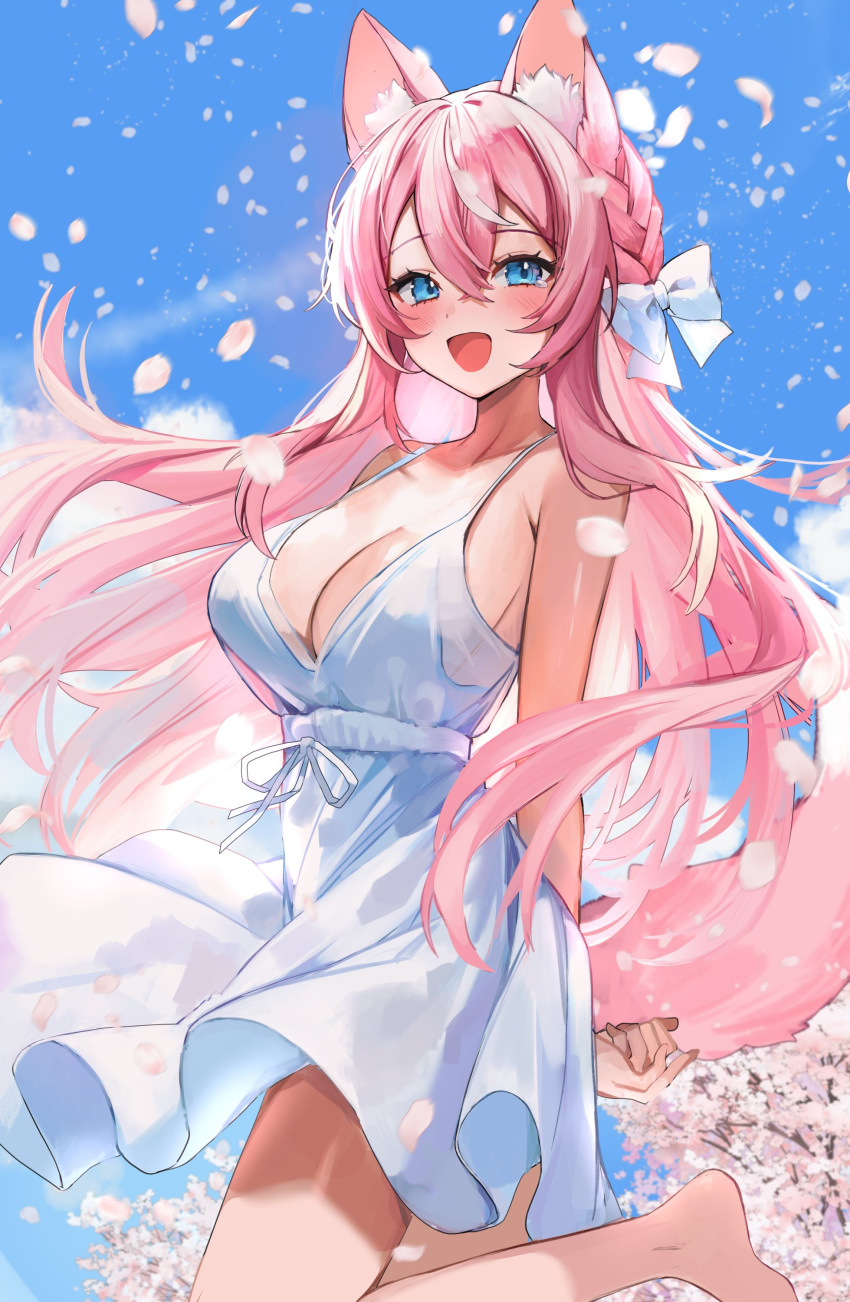 1girl absurdres animal_ears arms_behind_back bare_shoulders blue_eyes blue_sky blush breasts cherry_blossoms cleavage dog_ears dress english_commentary falling_petals hair_ribbon highres indie_virtual_youtuber large_breasts legs long_hair petals pink_hair ribbon sky solo spaghetti_strap upper_body white_dress yuniiho yuniiho_(vtuber)