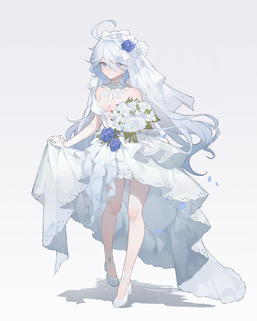 1girl absurdres ahoge alternate_costume blue_eyes blue_flower blue_hair bouquet breasts bridal_veil cleavage dress drop-shaped_pupils elbow_gloves flower furina_(genshin_impact) genshin_impact gloves highres holding holding_bouquet lin_zhi_mao long_hair looking_at_viewer mismatched_pupils multicolored_hair small_breasts smile solo strapless strapless_dress symbol-shaped_pupils veil wedding_dress white_dress white_flower white_footwear white_gloves white_hair