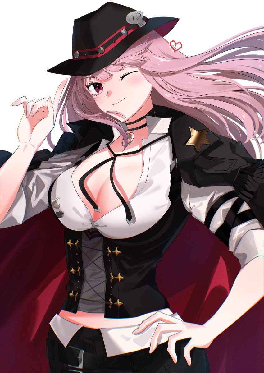 1girl absurdres adjusting_clothes black_choker black_jacket breasts chaps choker cleavage corset cowboy_hat cowboy_western hat hat_ornament heart highres hololive hololive_english jacket jacket_on_shoulders kiko_(kikobooom) large_breasts long_hair low-cut mori_calliope mori_calliope_(sheriff) official_alternate_costume one_eye_closed pink_eyes pink_hair sheriff_badge sidelocks sitting skull_hat_ornament very_long_hair virtual_youtuber