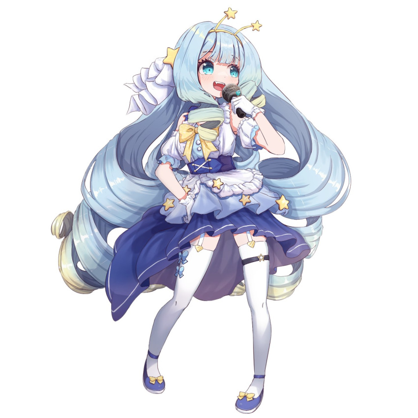 1girl apron aqua_eyes arm_garter blonde_hair blue_bow blue_dress blue_footwear blue_hair bow dress drill_hair drill_sidelocks footwear_bow full_body garter_straps gloves gradient_hair hair_ornament hair_ribbon hairband highres holding holding_microphone jelly_hoshiumi jewelry long_hair microphone multicolored_hair not_ashes o-ring o-ring_thigh_strap open_mouth phase_connect ribbon ring sidelocks solo star_(symbol) star_hair_ornament star_o-ring teeth thigh_strap thighhighs upper_teeth_only very_long_hair virtual_youtuber waist_apron white_apron white_garter_straps white_gloves white_ribbon white_thighhighs yellow_bow yellow_hairband