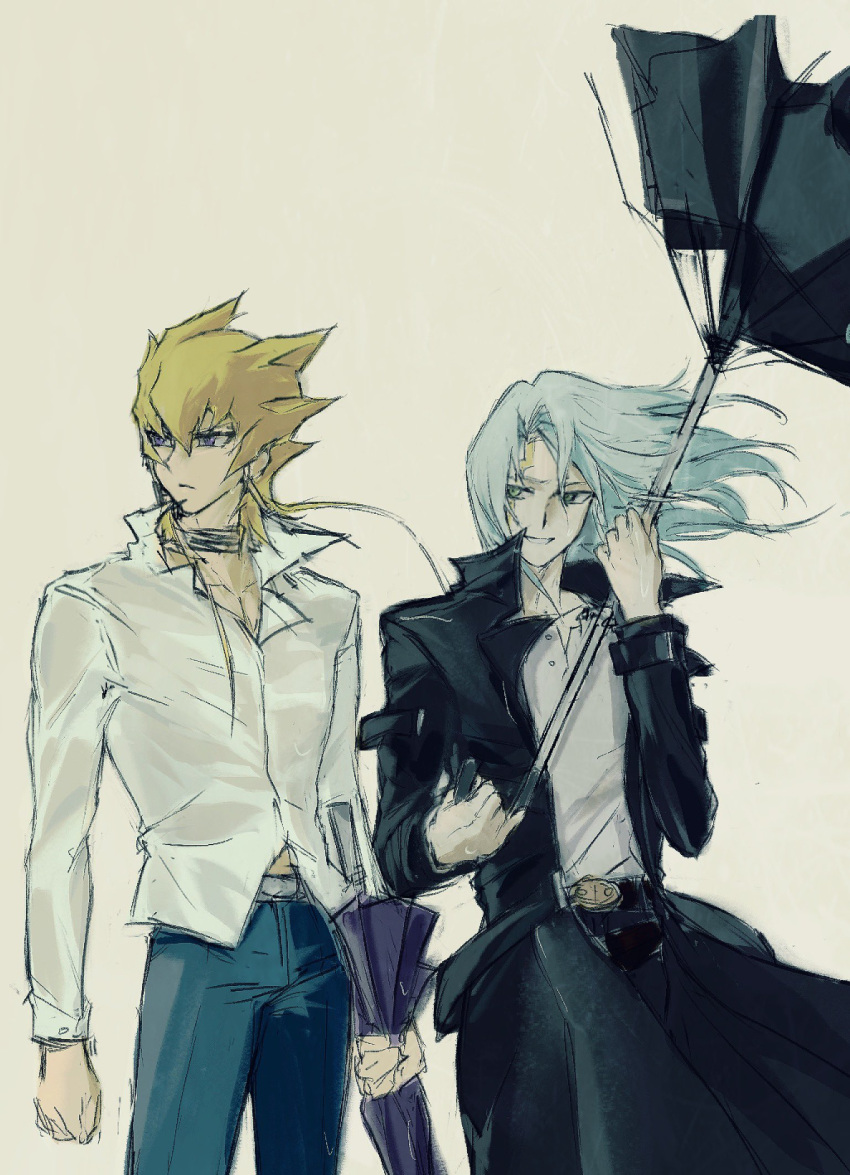 2boys alternate_costume belt belt_buckle black_choker black_coat blonde_hair blue_pants buckle choker clenched_hand coat collared_shirt dangle_earrings dress_shirt earrings facial_mark facial_tattoo green_eyes grey_hair grin hands_up high_collar highres holding holding_umbrella jack_atlas jewelry kiryuu_kyousuke long_hair looking_at_another looking_to_the_side male_focus multiple_boys open_clothes open_coat outdoors pants purple_eyes serious shirt short_hair_with_long_locks smile tattoo toyaru66 umbrella upper_body wet wet_clothes wet_shirt white_shirt wind yellow_background yu-gi-oh! yu-gi-oh!_5d's