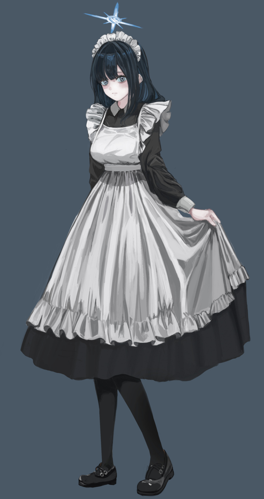 1girl absurdres alternate_costume apron bags_under_eyes black_dress black_footwear black_hair black_pantyhose blue_archive blue_hair breasts commentary dress enmaided expressionless full_body grey_background grey_eyes halo highres looking_at_viewer maid maid_headdress medium_breasts pantyhose sakuyasanprprp saori_(blue_archive) simple_background skirt_hold solo standing white_apron