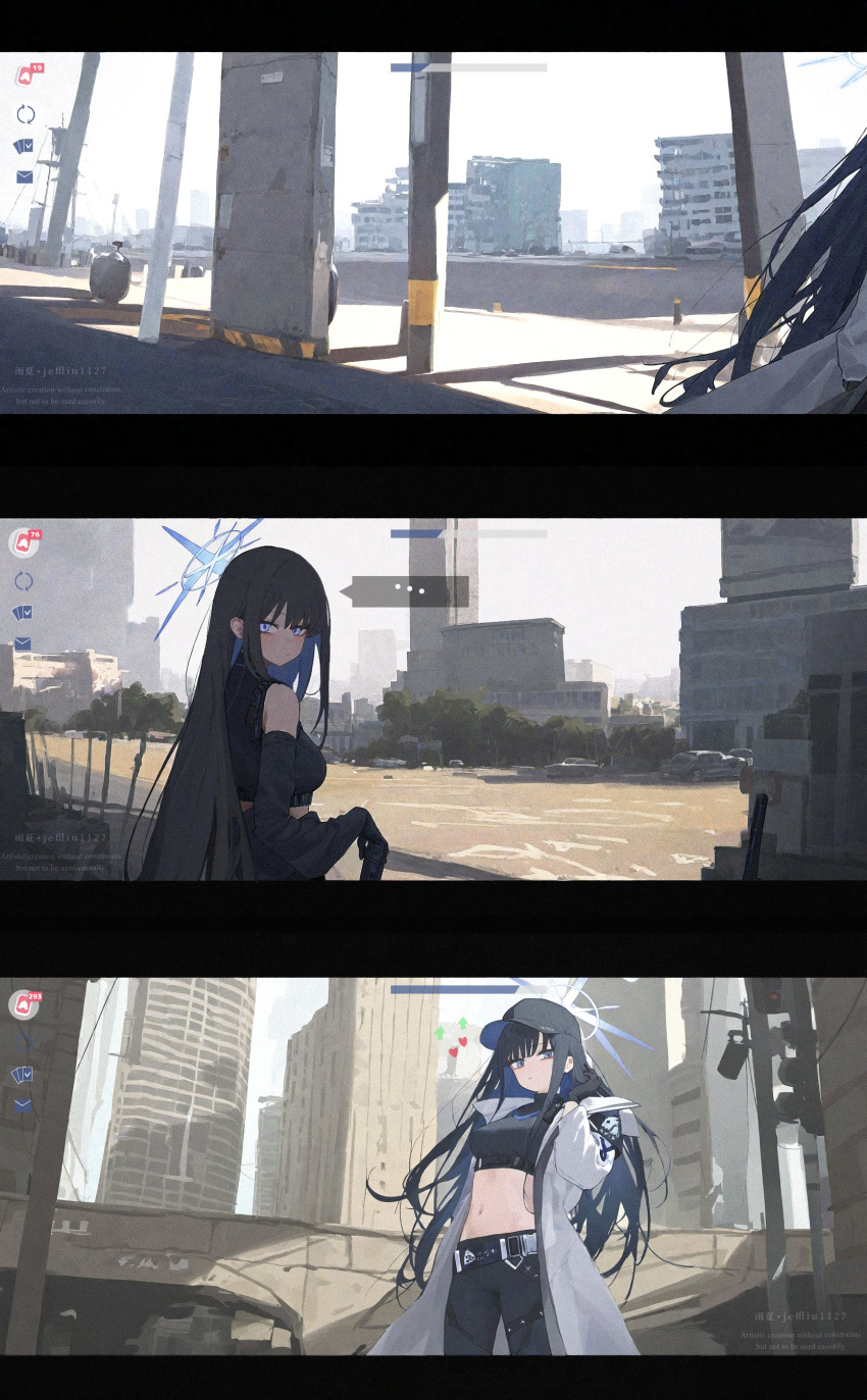 1girl abandoned absurdres amenatsu baseball_cap black_headwear blue_archive buckle building chest_harness coat crop_top halo harness hat highres no_mask saori_(blue_archive) shirt skyscraper sleeveless sleeveless_shirt snap-fit_buckle solo white_coat