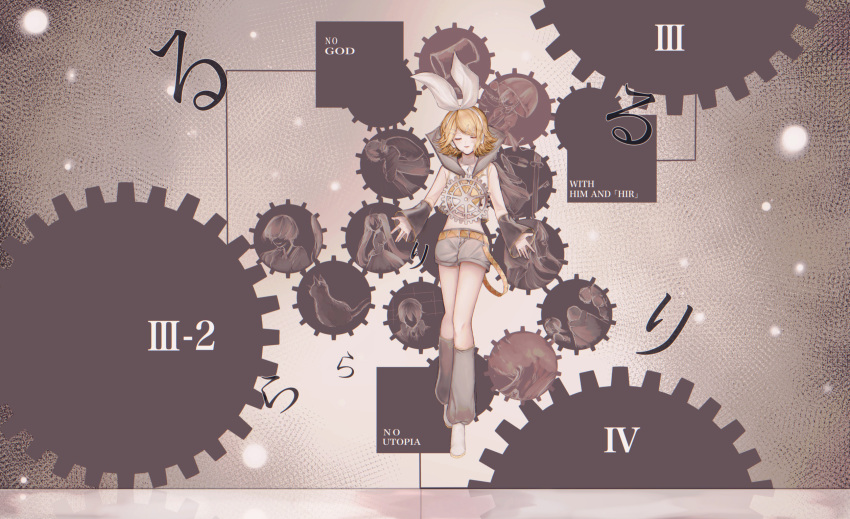 bare_shoulders belt belt_buckle blonde_hair bow buckle closed_eyes detached_sleeves evillious_nendaiki floating floating_object gears grey_leg_warmers grey_sailor_collar grey_shorts hair_bow hair_ornament hairclip headphones headset highres kagamine_rin large_bow leg_warmers levi_(ailice04) levitation midriff music neckerchief open_mouth orange_belt outstretched_hand sailor_collar sailor_shirt shirt short_hair shorts singing sleeveless sleeveless_shirt smile snow snowing swept_bangs vocaloid white_bow white_footwear yellow_neckerchief zenmai_jikake_no_komoriuta_(vocaloid)
