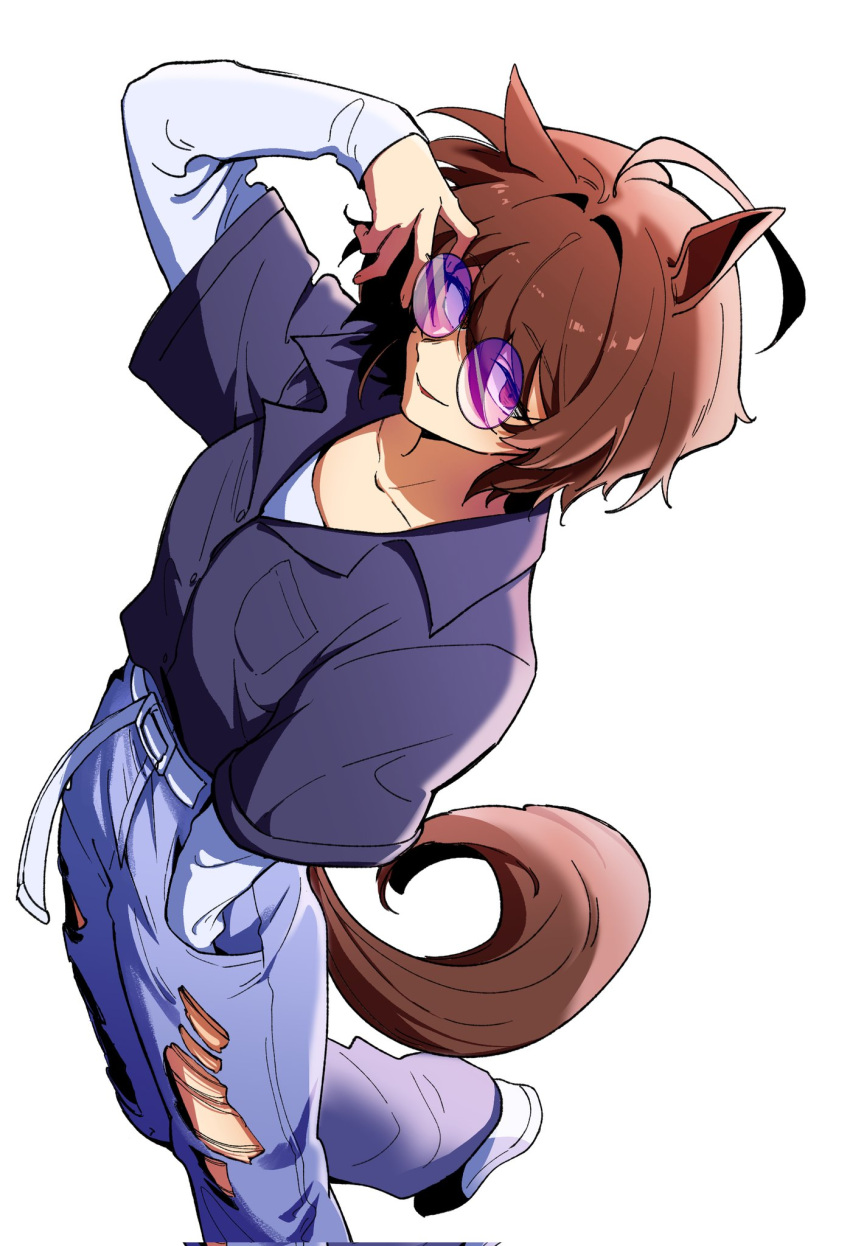 1girl agnes_tachyon_(umamusume) ahoge animal_ears arm_up belt blue_pants breast_pocket breasts brown_hair collared_shirt corrupted_twitter_file duyu_(guliguli_056) hand_in_pocket highres horse_ears horse_girl horse_tail looking_at_viewer pants parted_lips pocket purple_shirt red_eyes shirt shirt_tucked_in shoes short_hair simple_background small_breasts smile sneakers solo sunglasses tail torn_clothes torn_pants umamusume walking white_background white_shirt