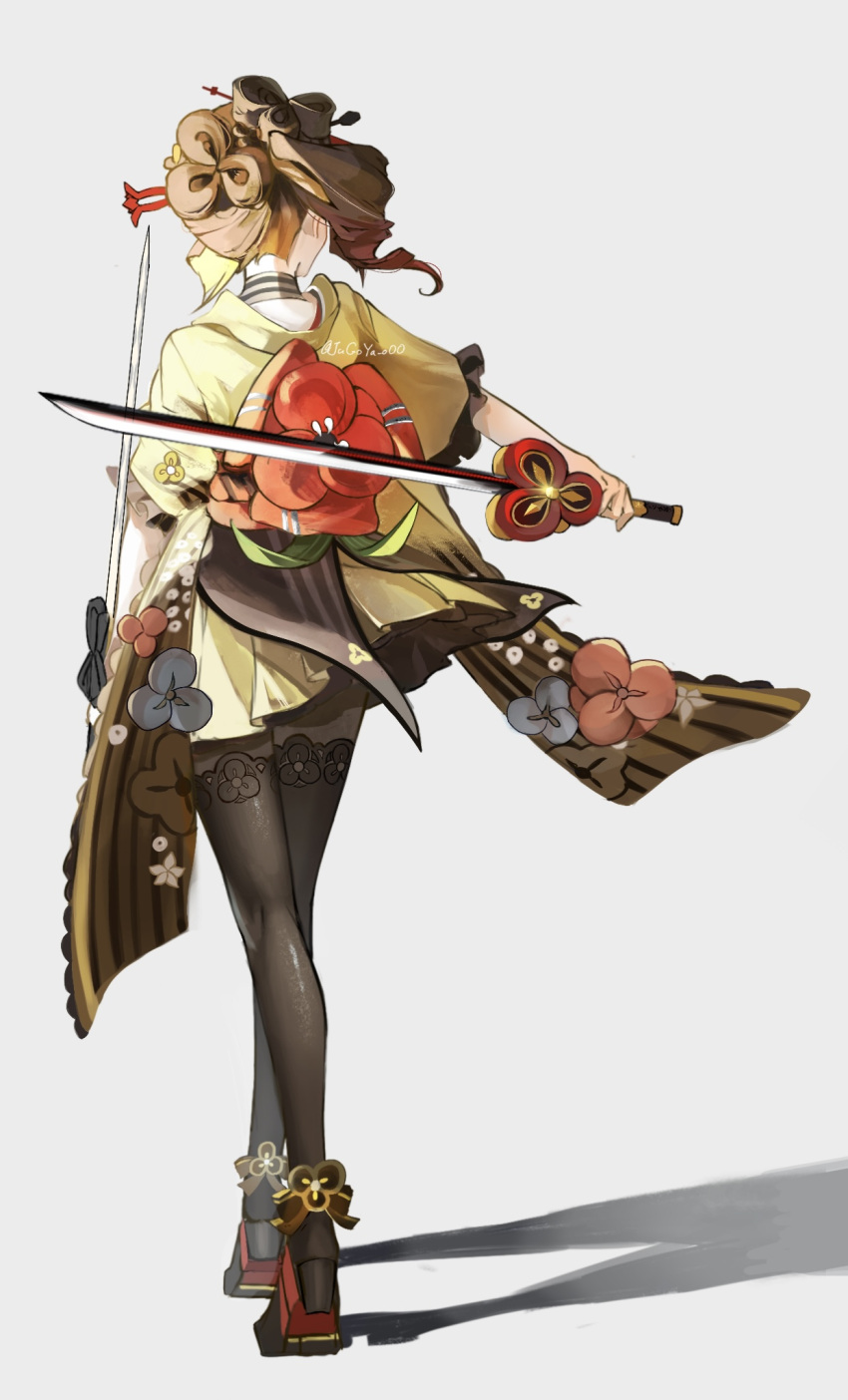 1girl artist_name black_footwear black_pantyhose chiori_(genshin_impact) commentary_request crossed_legs drill_hair dual_wielding from_behind full_body genshin_impact hair_ornament hairpin high_heels highres holding holding_sword holding_weapon japanese_clothes kimono medium_hair pantyhose short_kimono short_sleeves side_drill solo sword user_yzrw8844 watson_cross weapon wide_sleeves yellow_kimono