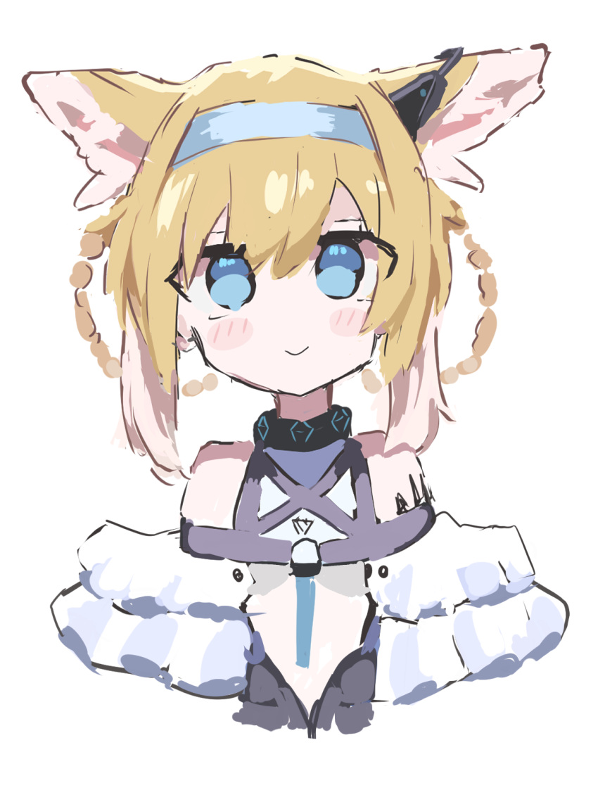 1girl animal_ear_fluff animal_ears arknights blonde_hair blue_eyes blue_hairband blush braided_hair_rings closed_mouth commentary_request cropped_torso earpiece fox_ears fox_girl hairband highres infection_monitor_(arknights) looking_at_viewer simple_background smile solo suzuran_(arknights) user_mvyy7457 white_background