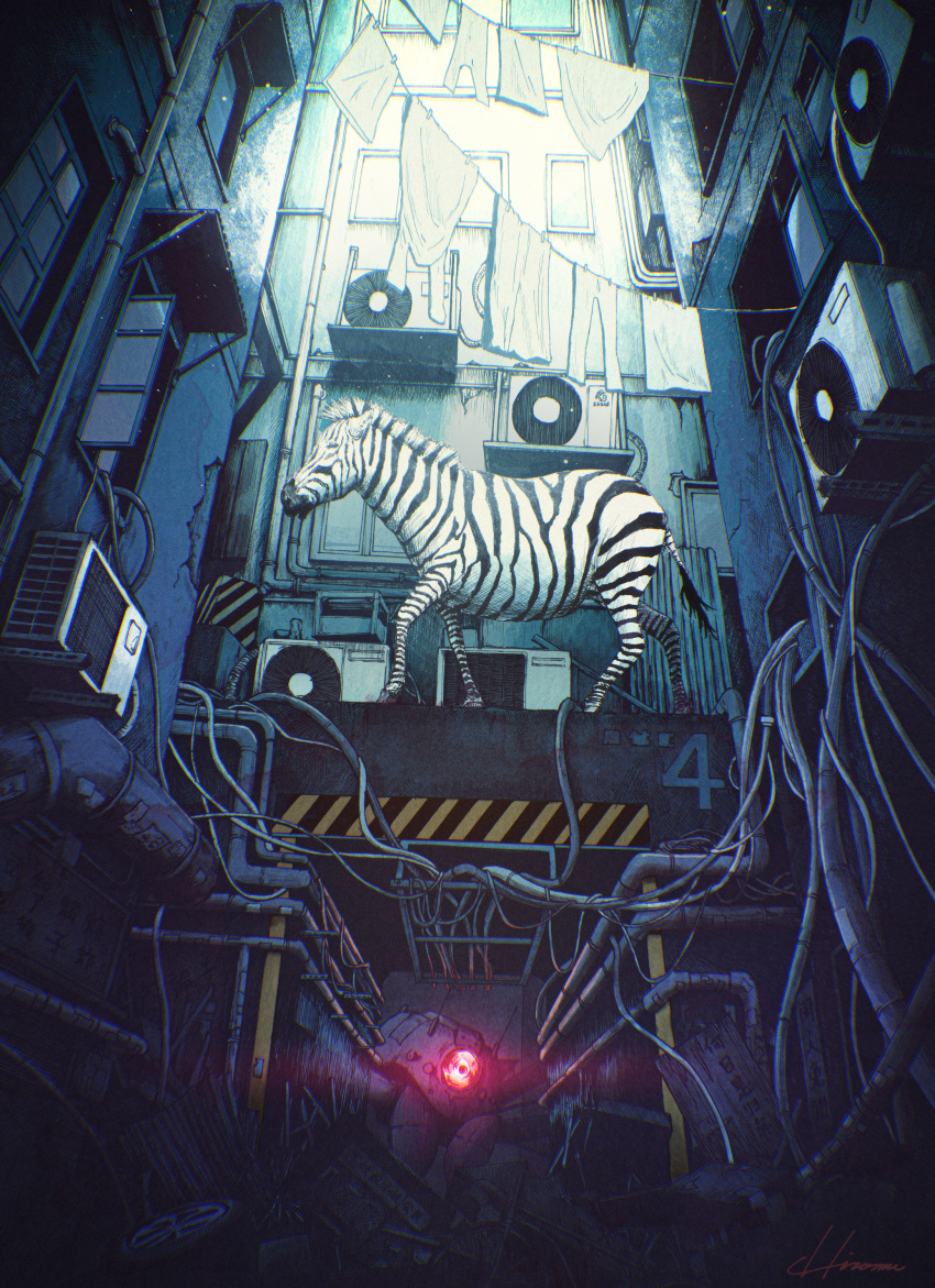 absurdres air_conditioner animal_focus chromatic_aberration clothesline glowing highres hiromumaru industrial_pipe no_humans original robot wide_shot wire zebra