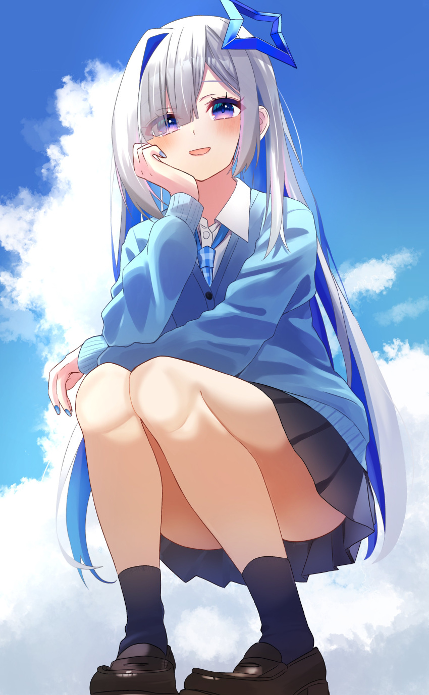 1girl :d absurdres alternate_costume amane_kanata amane_kanata_(work) black_skirt black_socks blue_cardigan blue_hair blue_nails blue_necktie blue_sky blush brown_footwear cardigan cloud collared_shirt colored_inner_hair commentary cumulonimbus_cloud dress_shirt eyelashes from_below full_body gingham_necktie hair_over_one_eye halo head_rest highres hololive long_hair long_sleeves looking_at_viewer multicolored_hair nail_polish necktie outdoors parted_lips pigeon-toed pleated_skirt purple_eyes school_uniform shirt single_hair_intake skirt sky smile socks solo squatting star_halo streaked_hair uekana9 very_long_hair white_hair white_shirt