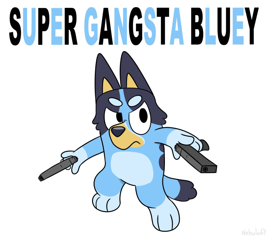 2023 angry anthro australian_cattle_dog black_eyes black_nose blue_body blue_ears blue_fur blue_tail bluey_(series) bluey_heeler canid canine canis cattledog digital_media_(artwork) domestic_dog english_text female fur gun herding_dog hi_res holding_gun holding_object holding_ranged_weapon holding_weapon mammal meme multicolored_body multicolored_fur nebula642 pastoral_dog pose ranged_weapon simple_background solo tail text two_tone_tail weapon white_background yellow_body yellow_fur