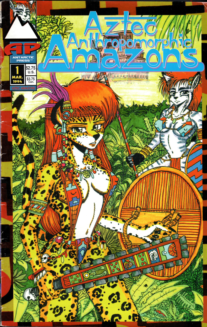 1994 absurd_res accessory antarctic_press anthro belt bottomwear clothed clothing comic cover cover_art cover_page duo english_text feather_in_hair feathers female fur hair hair_accessory hi_res lee_madison loincloth looking_at_viewer macuahuitl nipples shield tail text traditional_media_(artwork)