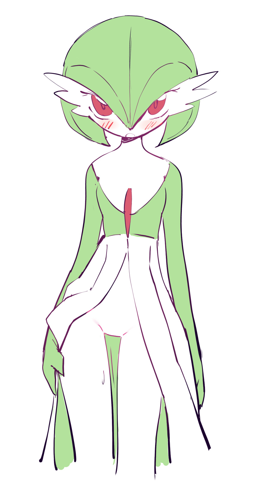 1girl absurdres blush colored_skin cropped_legs dress eds english_commentary gardevoir green_skin highres looking_at_viewer multicolored_skin open_mouth pokemon pokemon_(creature) red_eyes simple_background sketch solo standing thigh_gap white_background white_skin